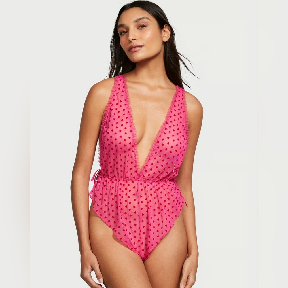 NWOT Tease Mini Hearts Flocked Mesh Romper in Pink, Size M